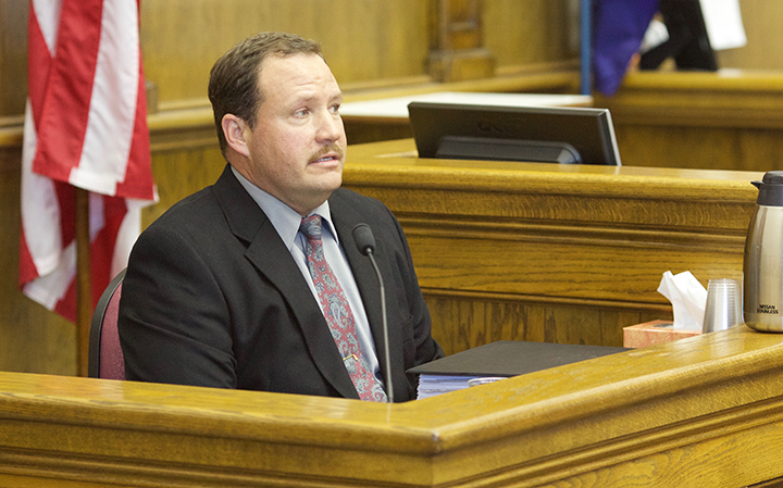 Bozeman Republican Shawn Moran, Art Wittich's 2010 primary opponent, testifies during Wittich's corruption trial. Photo by Kimberly Reed. 