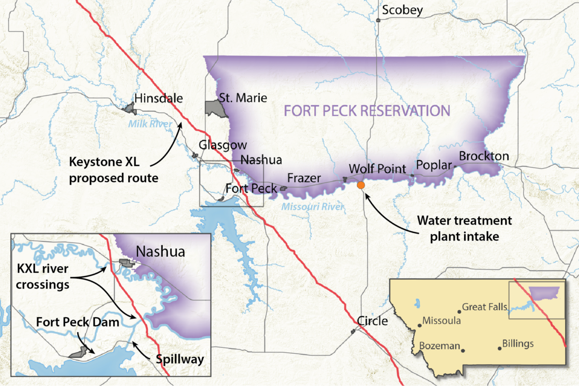 A map of the proposed route of the Keystone XL pipeline shows the pipeline's proximity to the Fort Peck Dam, the Fort Peck Dam spillway, the Fort Peck Indian Reservation, and the reservation's water system intake.
