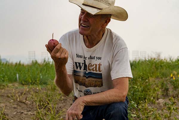 A farmer holding a potato