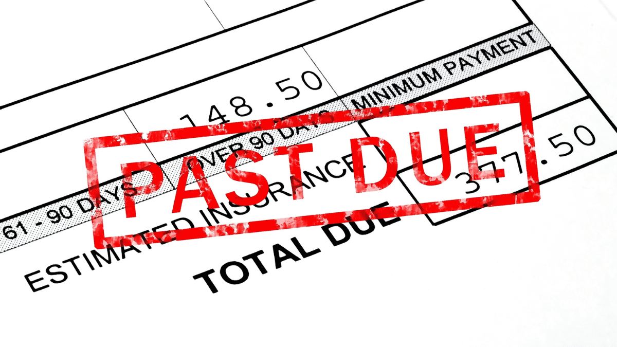 A portion of a bill is shown with a focus on the payment schedule and amount due. A large red 'PAST DUE' stamp covers the photo.