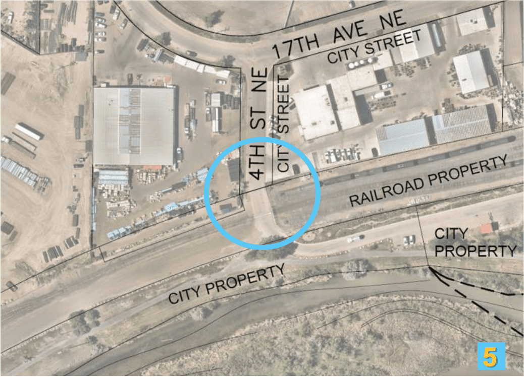 The Fourth Street Northeast railroad crossing sits on land owned by BNSF. For decades, city employees and the public have used this to access the wastewater treatment plant and West Bank Park.