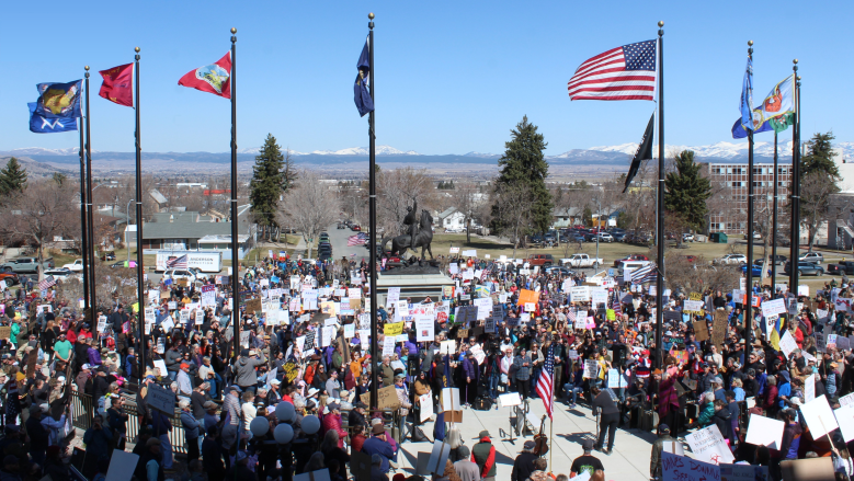 Protestors on the flag plaza at the Capitol.
