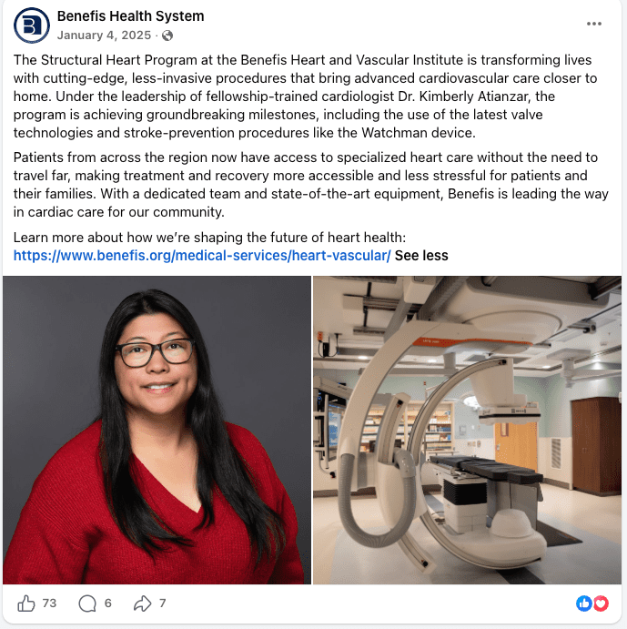 facebook post from Benefis hospital praising Dr. Kimberly atianzar